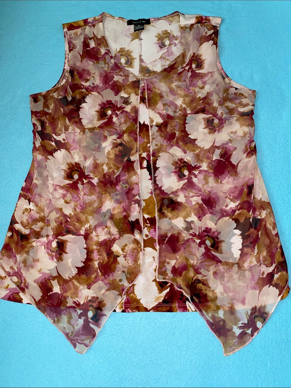 ADELE & MAY floral v-neck sleeveless blouse attached sheer overlay size XL